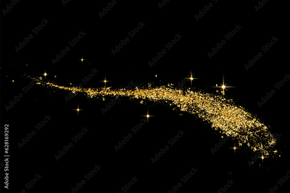 Poster shiny abstract wave flow, golden wave design element with glitter effect on black background.