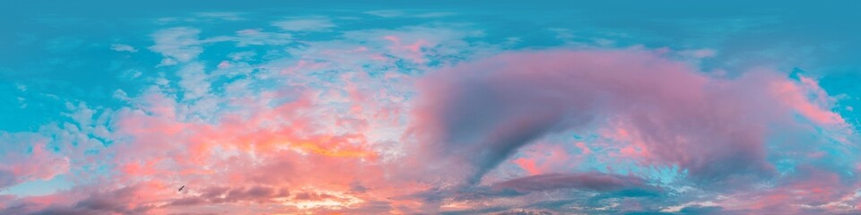 Sunset sky panorama with bright glowing pink Cirrus clouds. HDR 360 seamless spherical panorama. Full zenith or sky dome in 3D, sky replacement for aerial drone panoramas. Climate and weather change.