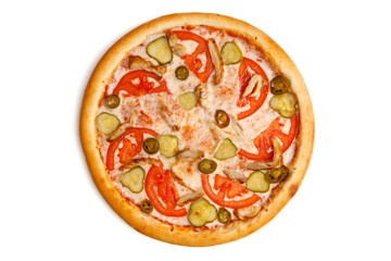 pizza with chicken, bacon and jalapeno on a white background for a restaurant website 1