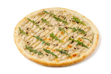 pizza with chicken, mushrooms and truffle sauce on a white background for a restaurant website 1