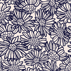 Vector black charcoal camomiles seamless pattern