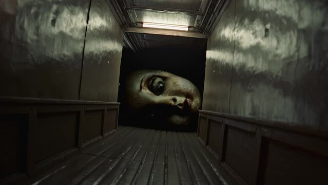Walking toward a giant creepy doll head monster at the end of dark corridor. Yokai doll with scary eyes. Horror, frightening video. Cinematic, horror movie style. Halloween nightmare scene.