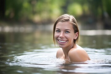 a beautiful young woman standing in water with a smile