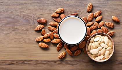 almond milk and seed on the wood table, shoot from above, copy space - obrazy, fototapety, plakaty