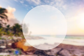 Hello July card on ocean water and beach background.