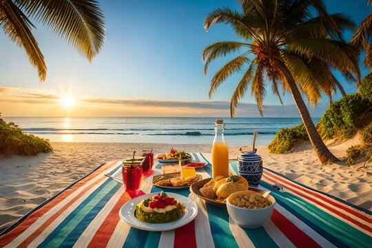 A Picnic On The Beach With A Variety Of Delicious Food Spread Out On A Colorful Blanket.