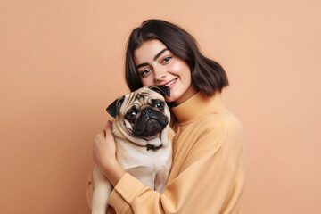 Young happy woman holding pug dog in front of one colored studio background. Generative AI illustration