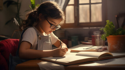 Young girl doing her homework, working at home, back to school, children, child, studying, elementary school, learning, books and school supplies, studying at home, home schooling