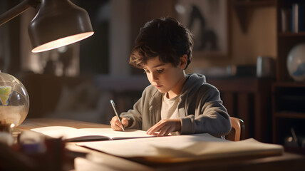 Young boy doing his homework, working at home, back to school, studying, children, child, elementary school, learning, books and school supplies, studying at home, home schooling