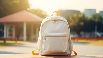 white schoolbag, backpack for children, child, back to school, bag, school supplies, pen, pencils, multicolor, recess, playground background, books for studying, education for children, college