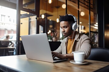 person, working remotely from coffee shop, with laptop and headphones