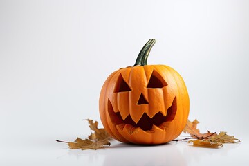 Creepy pumpkin with a carved face in the spirit of Halloween on a white background.