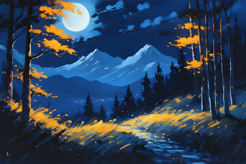 Dark blue night forest with moonlight and mountains