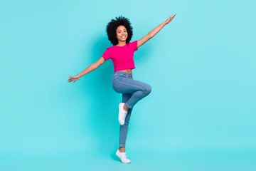 Wall murals Dance School Full size photo of positive overjoyed girl have good mood rejoice dancing isolated on bright teal color background