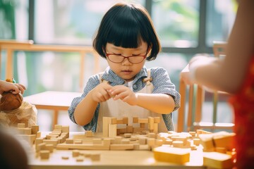 Asian preschooler playing with wooden toy blocks in Montessori classroom. Photo generative AI