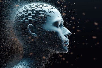 AI tech dissolves human head with cube particles. Photo generative AI