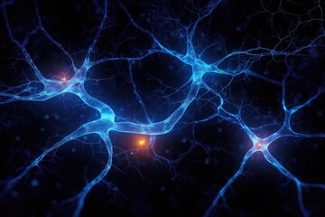 Holographic neuron network with electrical pulses - medical image with glowing synapse. Photo generative AI
