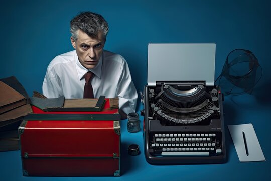 Digital and analog unite - laptop meets 80s typewriter. Photo generative AI