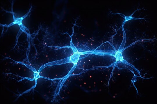 Holographic neuron network with electrical pulses - medical image with glowing synapse. Photo generative AI