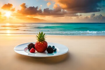 A tropical fruit platter served on the sandy shore with the ocean in the background. - obrazy, fototapety, plakaty