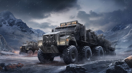 Capture the resilience of modern military trucks, braving extreme conditions while transporting troops and supplies to fulfill critical missions Generative AI