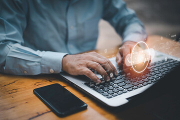 Contact us or Customer support hotline people connect. Businessman using a laptop and touching on virtual screen contact icons ( email, address, live chat, internet wifi )