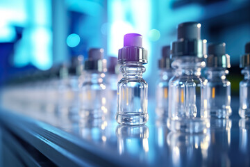 Production line of medical vials at the pharmaceutical factory. Production of pharmaceutical ampoules. Glass vials for liquid samples. Realistic 3D illustration. Generative AI