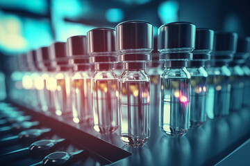 Production line of medical vials at the pharmaceutical factory. Production of pharmaceutical ampoules. Glass vials for liquid samples. Realistic 3D illustration. Generative AI