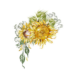 Watercolor bouquets with sunflowers and leaves.