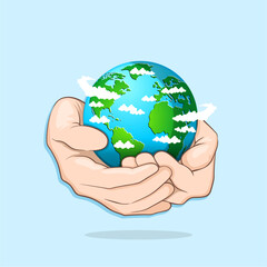 Hands holding globe, earth. Earth day concept. Saving the planet, environment. Vector illustration.