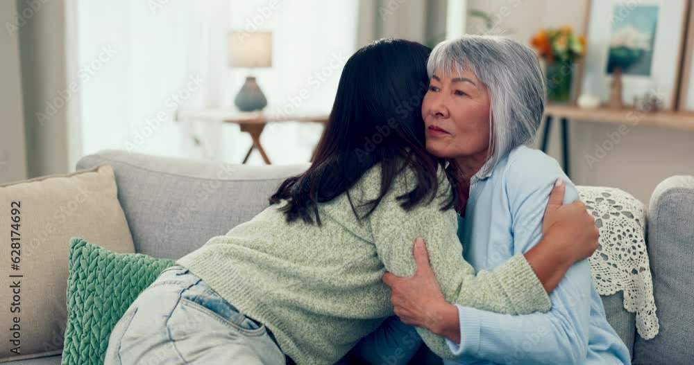 Sticker Support, daughter and hug for a sad mother with depression in a nursing home with Alzheimer. Family, care and a woman with love and kindness for an Asian senior mom with a mental health problem