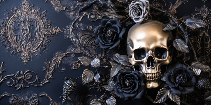 Halloween banner with skull and flowers, gothic, black and silver, wide, copyspace