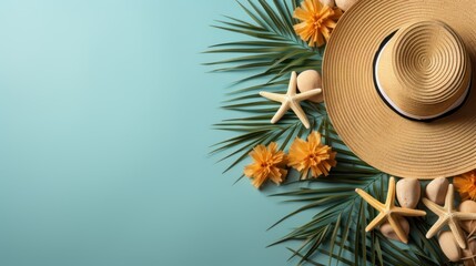 Vacation concept. An overhead shot of a Sun Hat with palm leaves.  Background with space for promotion. Copy Space. Made With Generative AI.