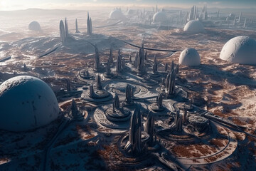 Obraz premium Above the Alien World Landscape with Moons | Created with Generative AI