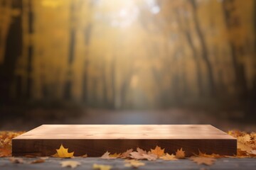 empty wooden tabletop podium in open garden forest, blurred background of autumn plants with space. organic product present natural placement pedestal display, autumn concept. Generative AI