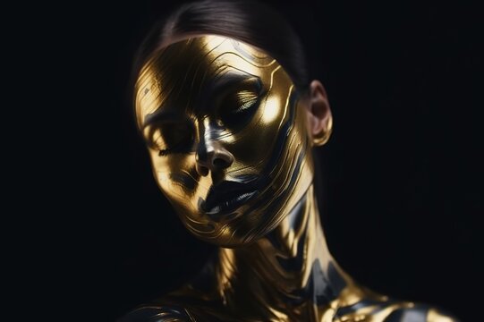 Close-up portrait of a fantasy woman's face in golden paint. Golden shiny skin. metallic makeup. black studio. generative AI