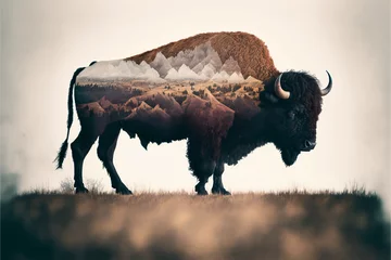 Bison and Great Plains Merged in a Double Exposure Artwork, a Unique Vision of Wilderness by Generative AI © Zsolt
