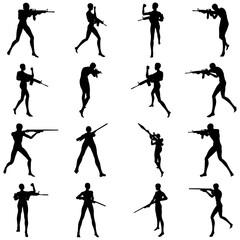 Bundle of illustrations of soldier silhouettes posing shooting and aiming