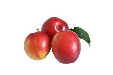 Group of plums with plum leaves isolated on transparent background. High quality photo