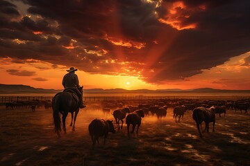 Cowboy during the distillation of the herd. Silhouette of a man on horseback in the sun at sunset.