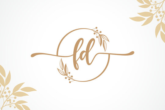 luxury gold signature initial fd logo design isolated leaf and flower