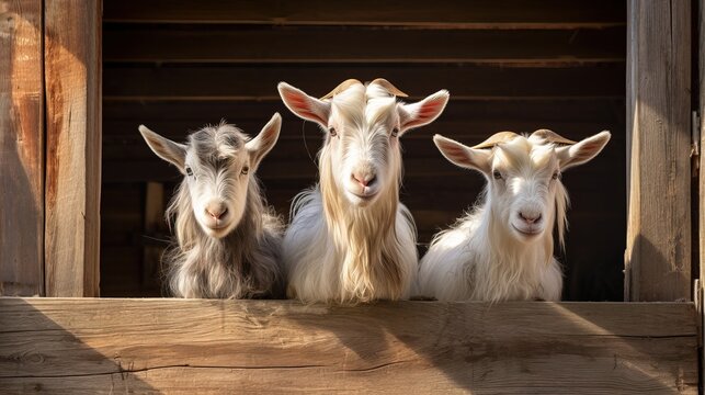 Goats in a stall on a dairy farm. They look curiously at the camera.