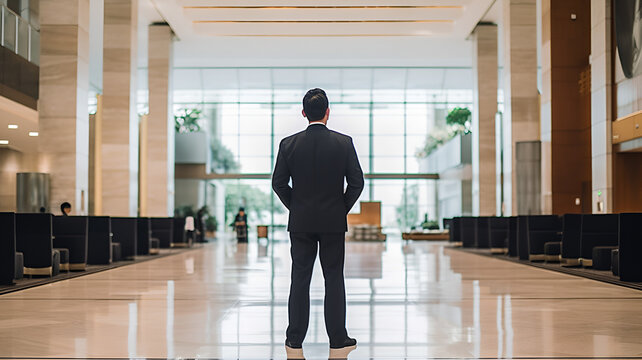A security guard standing with his back to the camera in the expansive lobby of a corporate building. He's holding a radio in his hand ready to communicate with his team.