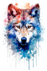 Graphic head of a wolf. Splashes of watercolors. Generative AI