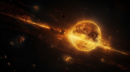 One red planet in deep space. Black space with white stars. Yellow sunset.