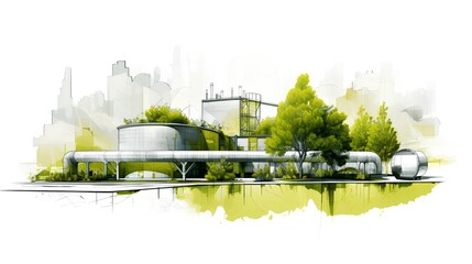 Illustrative representation of a bio energy plant project. The design of a sustainable energy facility, emphasizing on renewable resources and reducing environmental impact. Generative AI - obrazy, fototapety, plakaty