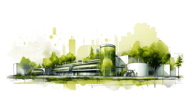 Illustrative representation of a bio energy plant project. The design of a sustainable energy facility, emphasizing on renewable resources and reducing environmental impact. Generative AI