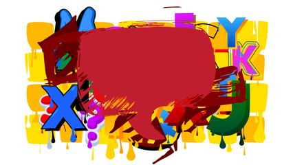 Red Graffiti speech bubble on colorful background. Abstract modern Messaging sign street art decoration, Discussion icon performed in urban painting style.