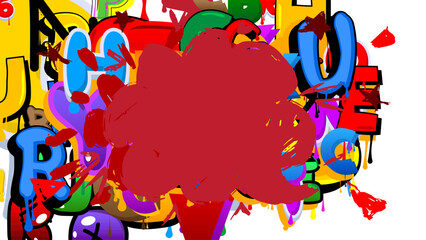 Red Graffiti speech bubble on colorful background. Abstract modern Messaging sign street art decoration, Discussion icon performed in urban painting style.