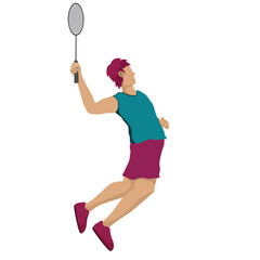 Badminton vector boy. Sport background with badminton athlete playing athletics competition. Isolated isometric people illustration.